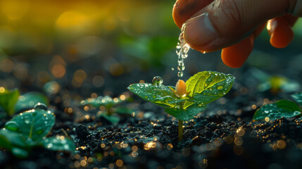 Wall Mural - seed and planting concept with Male hand watering young tree over green background