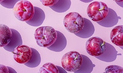 Fresh plums on a pastel lavender background