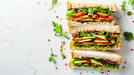 Wall Mural - wide food photo of vegetable club sandwich with salad in white background and blank space for text edits 