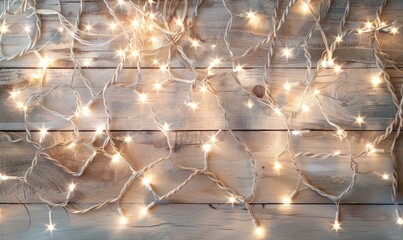 Wall Mural - Warm lighting garland on white wooden background, glowing frame, space for text