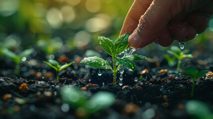 Wall Mural - seed and planting concept with Male hand watering young tree over green background