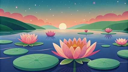 Canvas Print - Lotus Flowers Blooming in a Pond