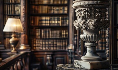 Marble pedestal with intricate carvings, historic library backdrop, antique lamp lighting