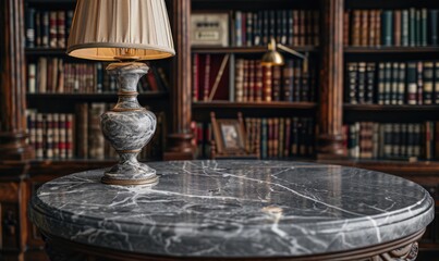 Wall Mural - Marble pedestal with intricate carvings, historic library backdrop, antique lamp lighting