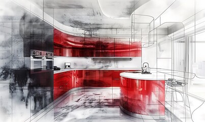 Wall Mural - Futuristic Kitchen Fusion Photo and Sketch of Modern Interior A half-photo, half-sketch kitchen with sleek, futuristic elements seamlessly blending together