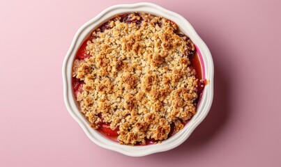 Wall Mural - Plum crumble in a white dish on a pastel lavender background