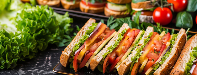 Wall Mural - wide food photo of vegetable club sandwich with salad in dark wooden table background and blank space for text edits 