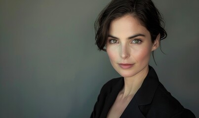 Wall Mural - Portrait of a businesswoman in a classic black blazer against a muted silver background