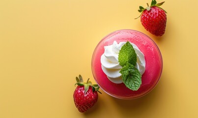 Wall Mural - Strawberry panna cotta on a pale yellow surface