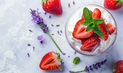 Wall Mural - Strawberry trifle on a light lavender surface