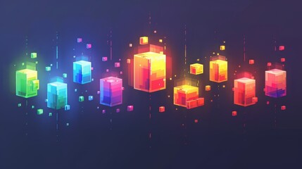 Wall Mural - Colorful Pixel Cubes Floating In Dark Space