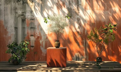 Wall Mural - Wooden pedestal with earthy tones, botanical-themed backdrop