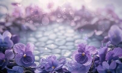 Wall Mural - Wreath of violets framing the background, cobblestone background