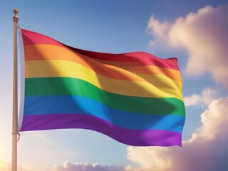 Waving rainbow flag is on a pole in the sky background. LGBT pride month card poster background with LGBT flag LGBT Pride Month