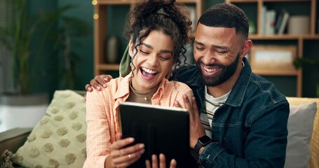 Poster - Couple, home and smile in tablet on sofa for house finance, online application and loan options. People, relationship and happy on couch in living room on internet or website for furniture shopping