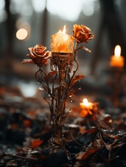Wall Mural - candles and roses in a dark forest with trees in the background