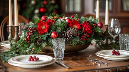 Wall Mural - Create a festive centerpiece for your dining table with a stunning arrangement of fresh holly, berries, and evergreen branches.