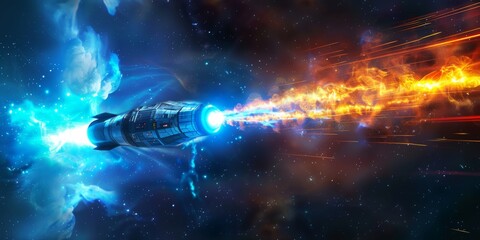 Wall Mural - a spaceship is flying through space with a blue and orange fire trail behind it