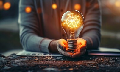 Wall Mural - creative idea, brainstorming and innovation concept with brain light bulb