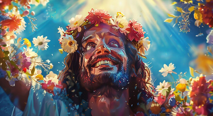 A beautiful painting of Jesus Christ with flowers in his hair, smiling and looking at the viewer