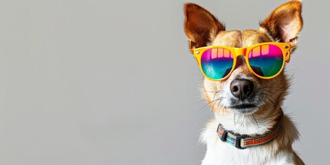 cute dog wearing colorful sunglasses isolated on a gray white background. Copy space for text message advertising 