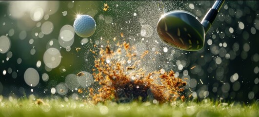 Wall Mural - capture the moment of impact between a golf club and a ball, with a focus on motion and power