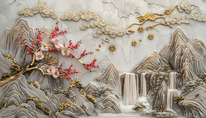 Wall Mural - colorful Volumetric stucco molding on a concrete wall with golden elements, Japanese landscape, waterfall, mountains, sakura. 