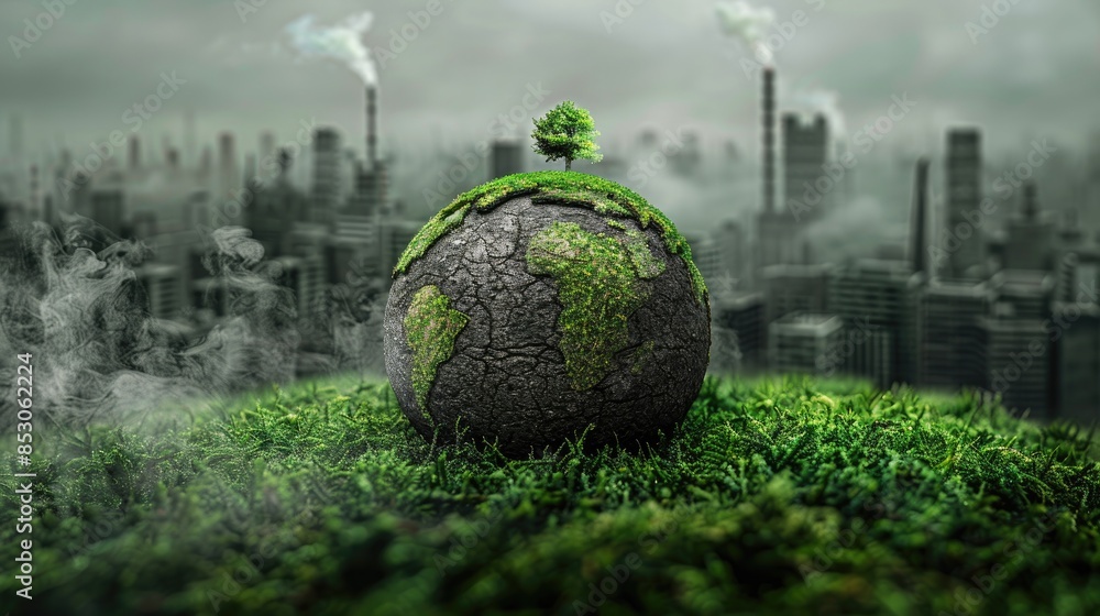 Encroched Model of Green Earth being encroached upon by industrial buildings and ...