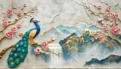 Wall Mural - colorful Volumetric Peacock bird stucco molding on a concrete wall with golden elements, Japanese landscape, waterfall, mountains, sakura. 