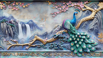 Canvas Print - colorful Volumetric Peacock bird stucco molding on a concrete wall with golden elements, Japanese landscape, waterfall, mountains, sakura. 