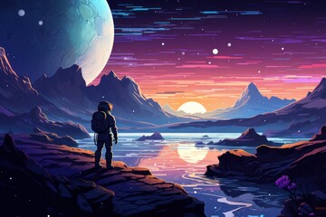 Wall Mural - An astronaut stands on a rocky outcrop and looks out over a lake surrounded by mountains. A large planet is visible in the sky, probably. The sky is a gradient of purple and orange.