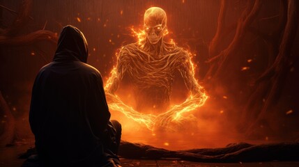 Canvas Print - A cloaked figure sits in front of a flaming skeleton in an orange-red-hued cave.