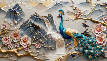 Poster - colorful Volumetric Peacock bird stucco molding on a concrete wall with golden elements, Japanese landscape, waterfall, mountains, sakura. 