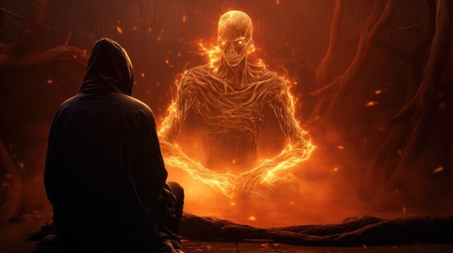A cloaked figure sits in front of a flaming skeleton in an orange-red-hued cave.