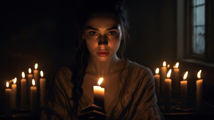 Canvas Print - A woman with dark hair and a gray shirt looks at the camera, holding a lit candle in her hands. She is surrounded by many lit candles on the table behind her.