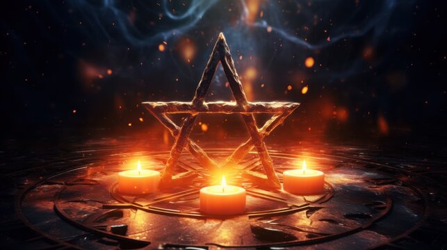 A five-pointed star sits on a dark, ornate circle. There are lit candles in the corners. The background is dark, smoky black.