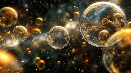 Wall Mural - Translucent golden bubbles floating in a cosmic background with sparkling particles