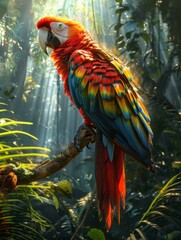 Poster - A vibrant Macaw parrot perches on a branch in the lush rainforest. AI.