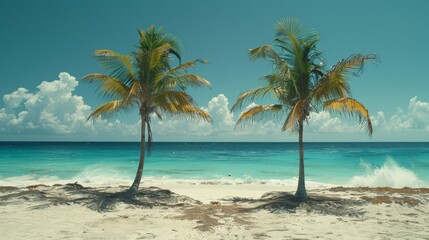 Palm Trees on a Tropical Beach: A picturesque view of tall palm trees swaying over a pristine, sandy beach with clear blue water in the background. 