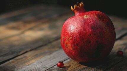 Wall Mural - Fresh pomegranate resting on a wooden surface Juicy fruit