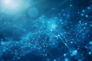 Abstract background with connected dots and lines forming an array of geometric shapes on a blue gradient, in the style of technology concept
