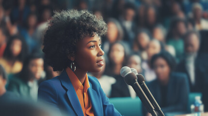 Woman speaking into microphones at a conference with attentive audience in the background. She wears a blue blazer and exudes confidence and professionalism