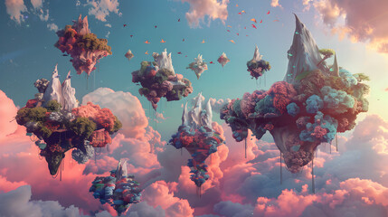 A surreal dreamscape with floating islands and creatures.



