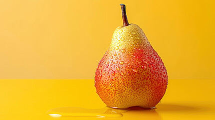 Close-up of a fresh pear with water droplets against a vibrant yellow background. Perfect for healthy food and nutrition themes.