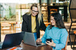 © Ilona - Two businesswomen colleagues work using laptops in a furniture showroom at a factory.