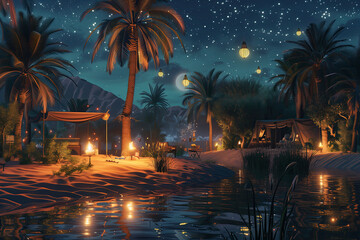 Poster - A caravan at the oasis at night