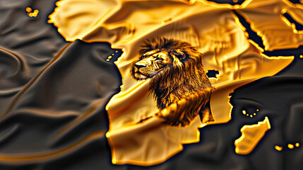 Golden African continent map with a majestic lion's head symbolizing strength and power, draped in black cloth.