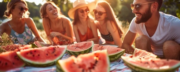 Friends enjoying a summer picnic with fresh watermelon slices, capturing joyful moments in the sunlight. Perfect for lifestyle and outdoor themes.