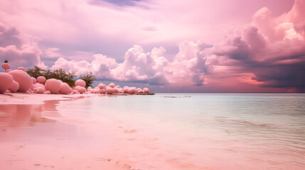 Wall Mural - A beach with pink water under a clear blue sky