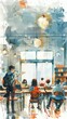 © AlexCaelus - Vibrant watercolor illustration of a classroom scene with students studying and a teacher leading the session in a creative atmosphere.